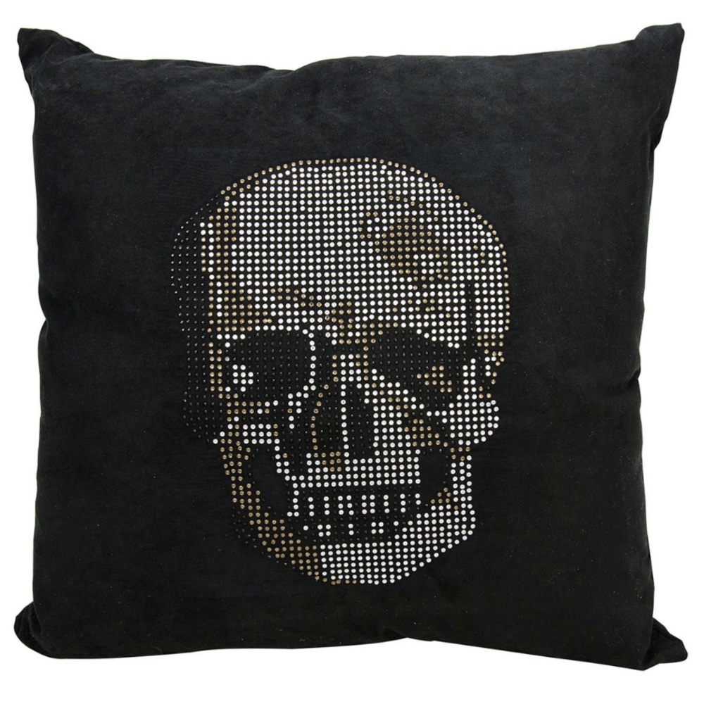 Rhinestone Skull Graphic Pillow- Black with Silver Studs NWT sealed 18x18 approx